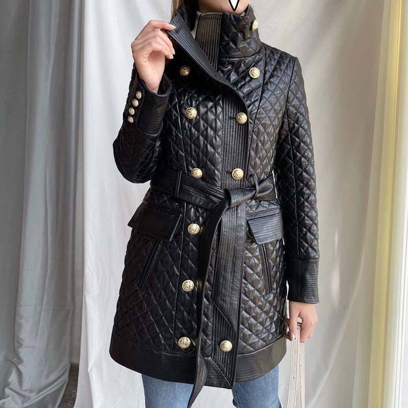 Leather Biker Coat Golden Leather Jacket Women Pu Jackets Autumn and Winter Double Breasted Stand Collar Genuine Leather Coat