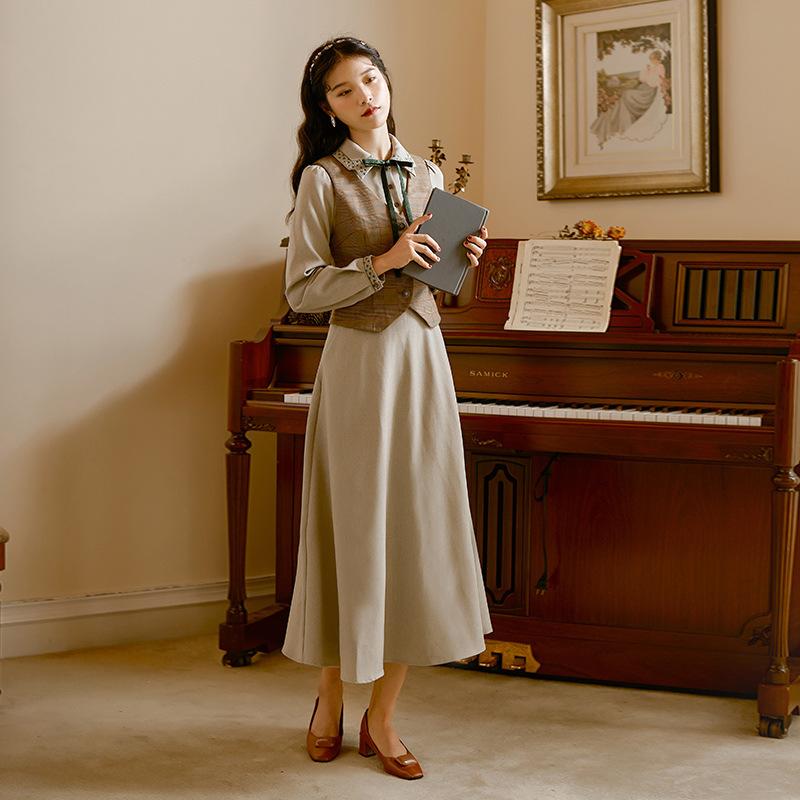 Retro Plaid Vest  Long-Sleeve Suit Khaki Retro Vintage Cottagecore Aesthetic Flowy Victoria Cottage Core Dress