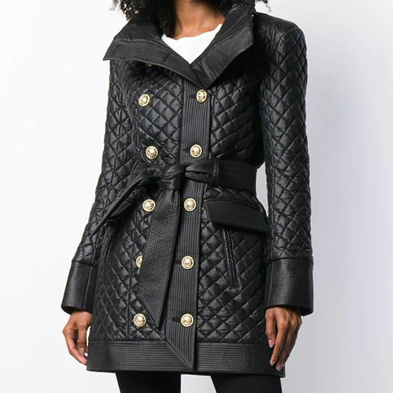 Leather Biker Coat Golden Leather Jacket Women Pu Jackets Autumn and Winter Double Breasted Stand Collar Genuine Leather Coat
