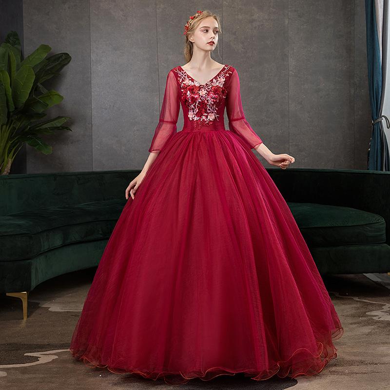 Women's Evening Dress Ball Gown Princess Quinceanera Wedding Dresses Annual Meeting Host Performance Costume Evening Dress Long-Sleeved Red Dress
