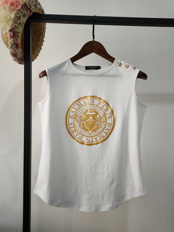 T Shirt Balmain Balmain Cotton Gold Buckle Circular Lower Hem Sleeveless Vest for Women