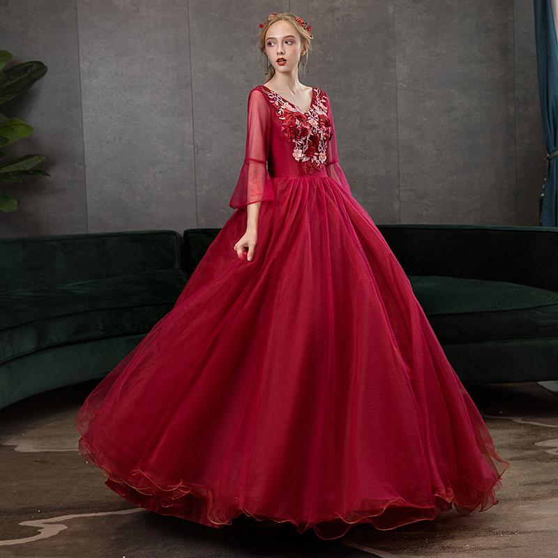 Women's Evening Dress Ball Gown Princess Quinceanera Wedding Dresses Annual Meeting Host Performance Costume Evening Dress Long-Sleeved Red Dress