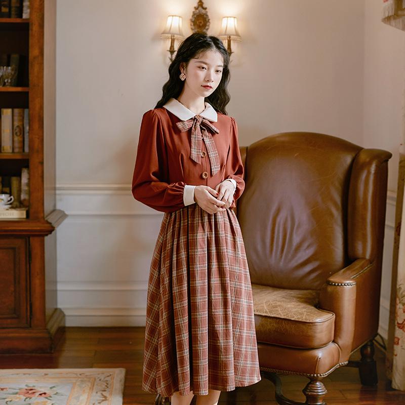 Spring Retro Plaid Colorblock Dress Cottagecore Academia Fashion Dresses