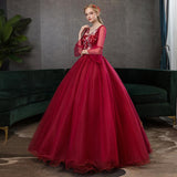 Women's Evening Dress Ball Gown Princess Quinceanera Wedding Dresses Annual Meeting Host Performance Costume Evening Dress Long-Sleeved Red Dress