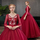 Women's Evening Dress Ball Gown Princess Quinceanera Wedding Dresses Annual Meeting Host Performance Costume Evening Dress Long-Sleeved Red Dress