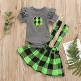 Children Saint Patrick's Day Gray Romper Green Check Overall Dress Suit