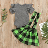 Children Saint Patrick's Day Gray Romper Green Check Overall Dress Suit