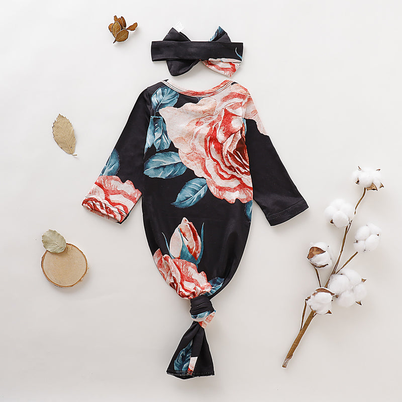 Knotted Baby Gown Baby Jumpsuits Bow Hair Band Suit