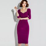 Mauve Dress Spring Low Cut V-neck High Waist Slim Fit Slimming 3/4 Sleeves Pencil Skirt