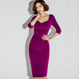 Mauve Dress Spring Low Cut V-neck High Waist Slim Fit Slimming 3/4 Sleeves Pencil Skirt