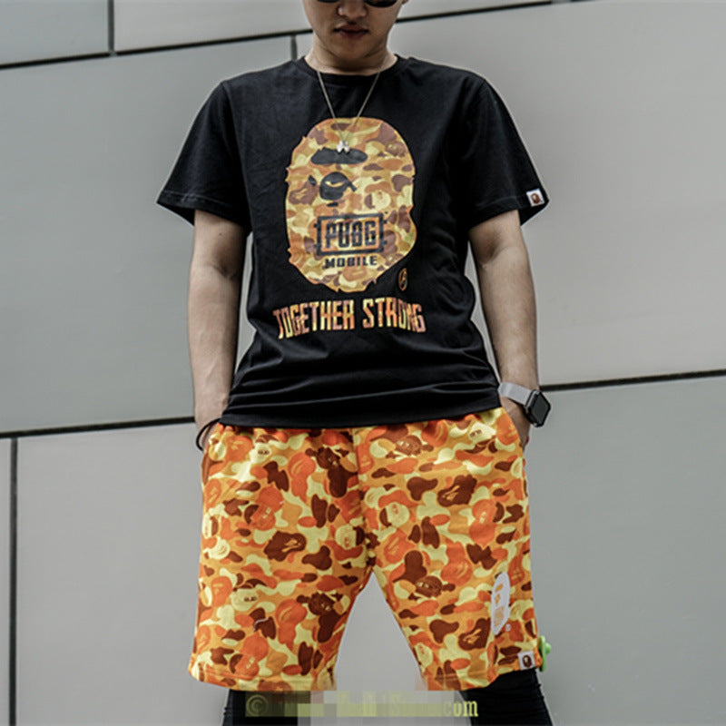 Shark Print Shorts Orange Camouflage Cotton Shorts Men Teenagers Student Cropped Shorts