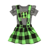 Children Saint Patrick's Day Gray Romper Green Check Overall Dress Suit