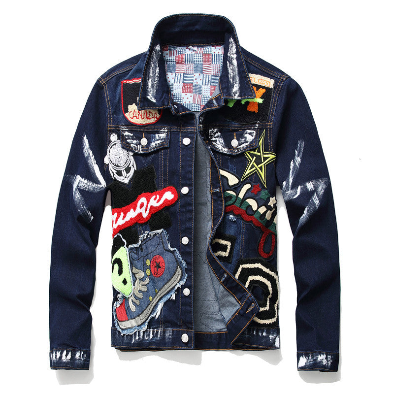 Graphic Leather Jacket Women Men's Slim Denim Jacket Beauty Badge Paint Denim Jacket Long-Sleeved