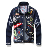 Graphic Leather Jacket Women Men's Slim Denim Jacket Beauty Badge Paint Denim Jacket Long-Sleeved