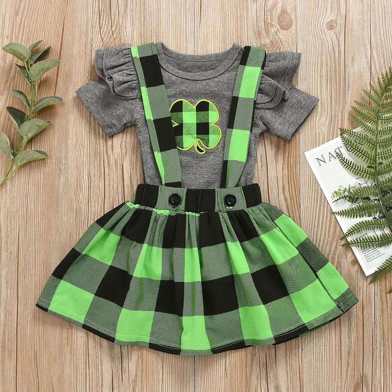 Children Saint Patrick's Day Gray Romper Green Check Overall Dress Suit