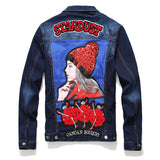 Graphic Leather Jacket Women Men's Slim Denim Jacket Beauty Badge Paint Denim Jacket Long-Sleeved