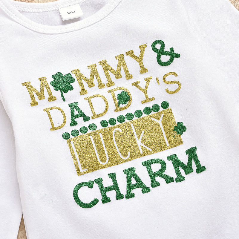 Children Saint Patrick's Day St. Patrick Romper Green Four-Leaf Clover Skirt Suit