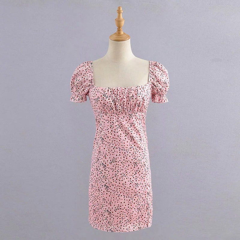 Milkmaid Dress Square Collar Floral Puff Sleeve Backless Slim-Fit Short Dress