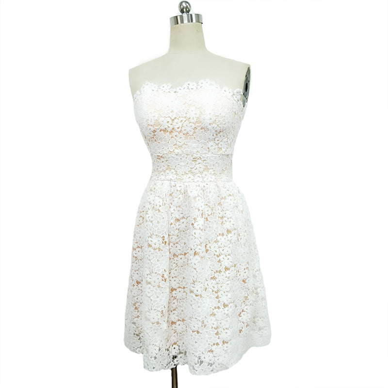 Formal Dresses & Gowns Women's White Floral Wrapped Chest Bridesmaid Puffy Mid-Length Dress Evening Gown