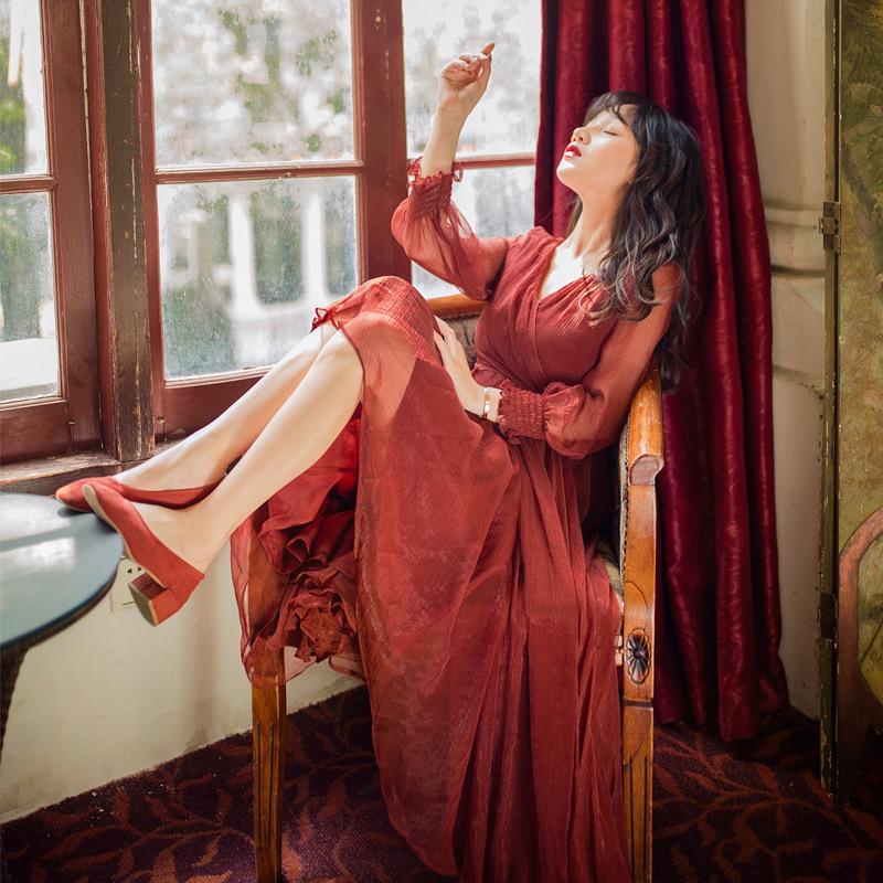 Tourism Dress Waist-Tight V-neck Long-Sleeve Dress Autumn Brown Bohemia Retro Vintage Cottagecore Aesthetic Flowy Victoria Cottage Core Boho Dress