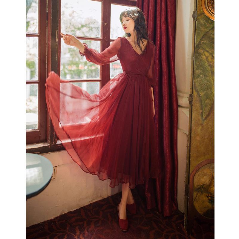 Tourism Dress Waist-Tight V-neck Long-Sleeve Dress Autumn Brown Bohemia Retro Vintage Cottagecore Aesthetic Flowy Victoria Cottage Core Boho Dress