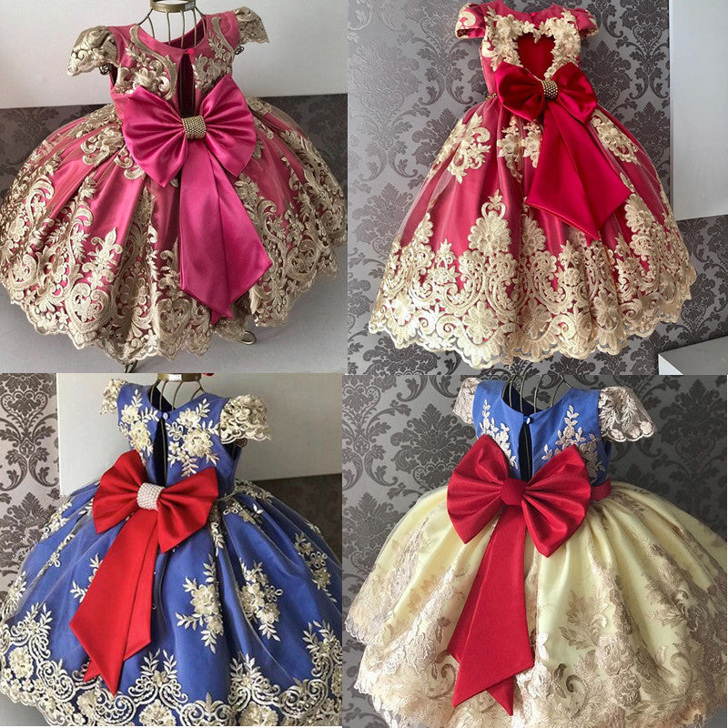 Toddler Girls Sequin Gown Dress Personality Backless Dress Bow Children Shirt Mesh Formal Dress