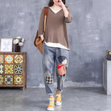 Women Patchwork Jeans Embroidered Ripped Jeans
