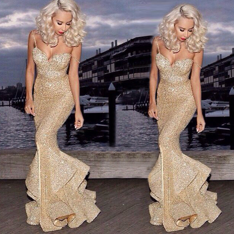 Formal Dresses & Gowns Women's V-neck Brace Sequined Slim-Fit Dress Dress