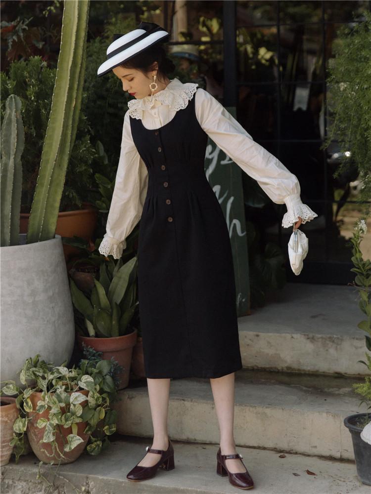 Spring Palace Retro Trumpet Sleeve Shirt with Vest Dress Two-Piece Set 2 Pieces Set  Cottagecore Academia Fashion Dresses