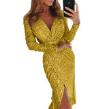 Cocktail Attire for Women Long Sleeve V-neck Shiny Dress Dinner Sexy Dress