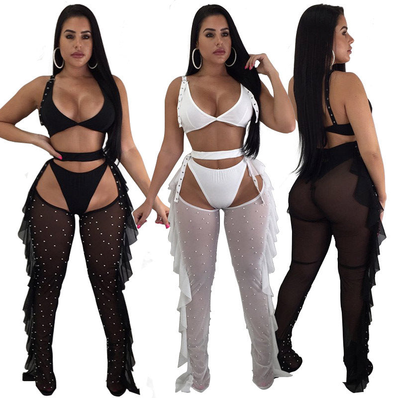 See through Pants Suit Women's Sexy Mesh Beads Three-Piece Suit 2
