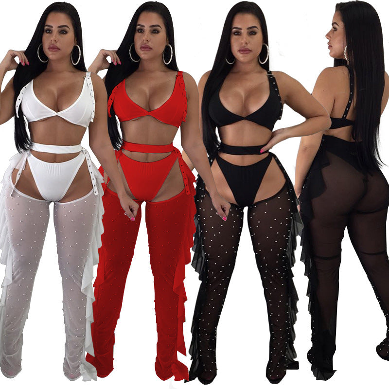 See through Pants Suit Women's Sexy Mesh Beads Three-Piece Suit 2