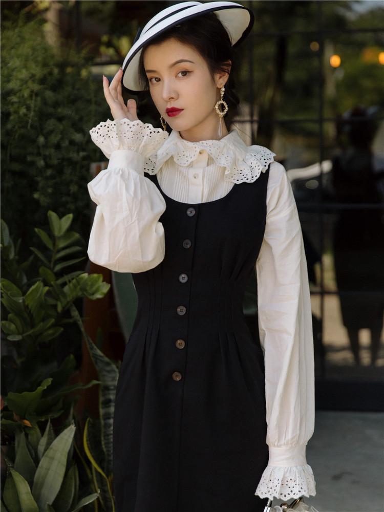 Spring Palace Retro Trumpet Sleeve Shirt with Vest Dress Two-Piece Set 2 Pieces Set  Cottagecore Academia Fashion Dresses