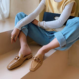 Finn Chain Pointed Toe Mule Slippers Women's Toe Cap Half Slippers Spring Sandals Outer Wear Lazy Slippers Female Square Toe Flat Mules