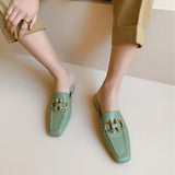 Finn Chain Pointed Toe Mule Slippers Women's Toe Cap Half Slippers Spring Sandals Outer Wear Lazy Slippers Female Square Toe Flat Mules