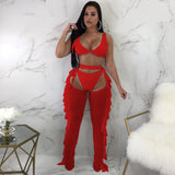 See through Pants Suit Women's Sexy Mesh Beads Three-Piece Suit 2