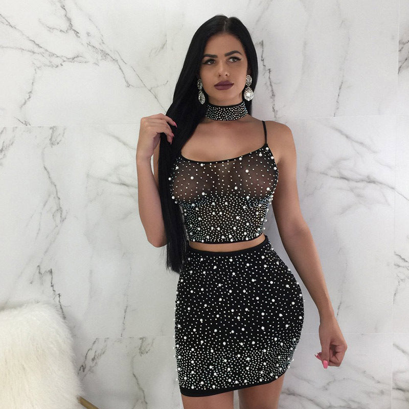 See through Pants Suit Beaded Hot Drilling Sexy Lace-up Nightclub Skirt Three-Piece Set for Women