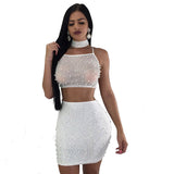See through Pants Suit Beaded Hot Drilling Sexy Lace-up Nightclub Skirt Three-Piece Set for Women