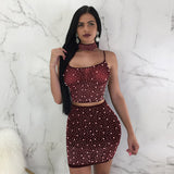 See through Pants Suit Beaded Hot Drilling Sexy Lace-up Nightclub Skirt Three-Piece Set for Women