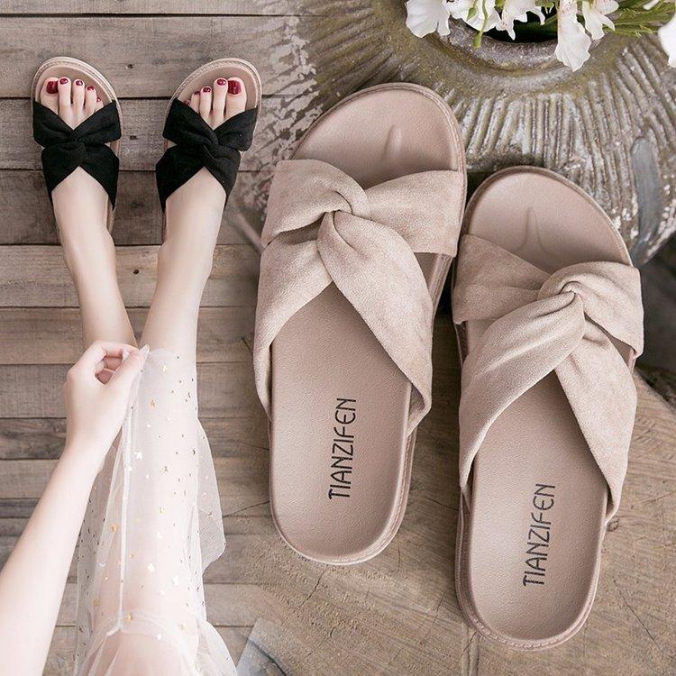 Women Open Toe Sandals Flats Spring/Summer Thick-Soled Muffin One-Word Twisted-Knot Slippers
