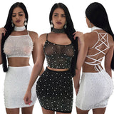 See through Pants Suit Beaded Hot Drilling Sexy Lace-up Nightclub Skirt Three-Piece Set for Women