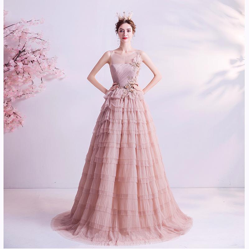 Women'S Evening Dress Ball Gown Princess Quinceanera Wedding Dresses Pink Bridal Wedding Toast Dress Evening Gown Tulle Tutu Dress