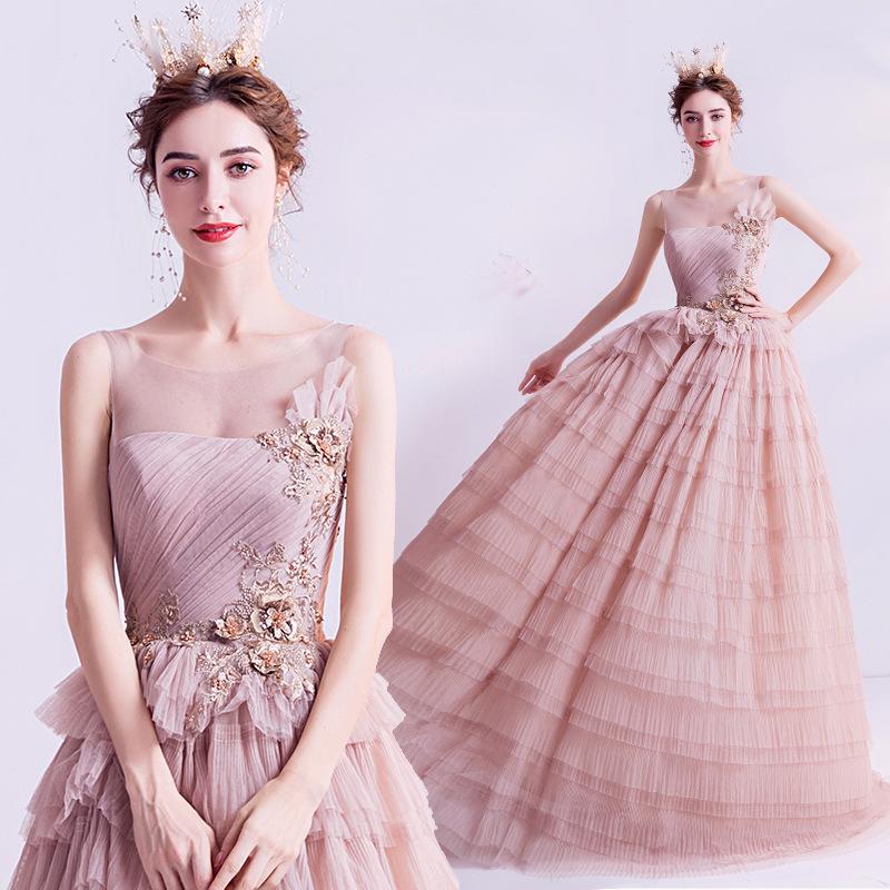 Women'S Evening Dress Ball Gown Princess Quinceanera Wedding Dresses Pink Bridal Wedding Toast Dress Evening Gown Tulle Tutu Dress
