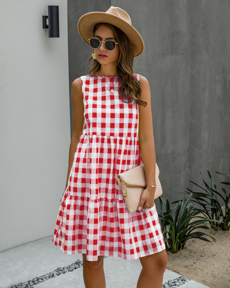 Gingham Dress Summer Fashion round Neck Plaid Loose Women's Dress