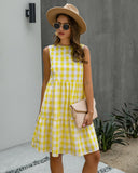 Gingham Dress Summer Fashion round Neck Plaid Loose Women's Dress