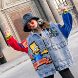 Denim Clothing for Women Spring Loose Color Matching Long Sleeve Cartoon Splicing Coat Patchwork Women Denim Jacket