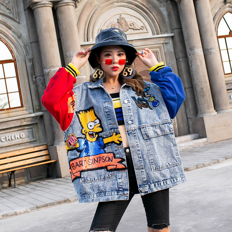 Denim Clothing for Women Spring Loose Color Matching Long Sleeve Cartoon Splicing Coat Patchwork Women Denim Jacket