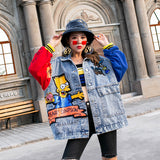 Denim Clothing for Women Spring Loose Color Matching Long Sleeve Cartoon Splicing Coat Patchwork Women Denim Jacket