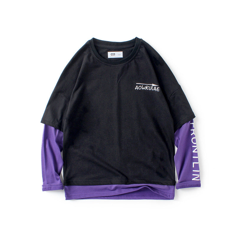 Spring Tops Autumn Long Sleeve Cotton Color-Matching Fake Two Pieces Children's Bottoming Shirt