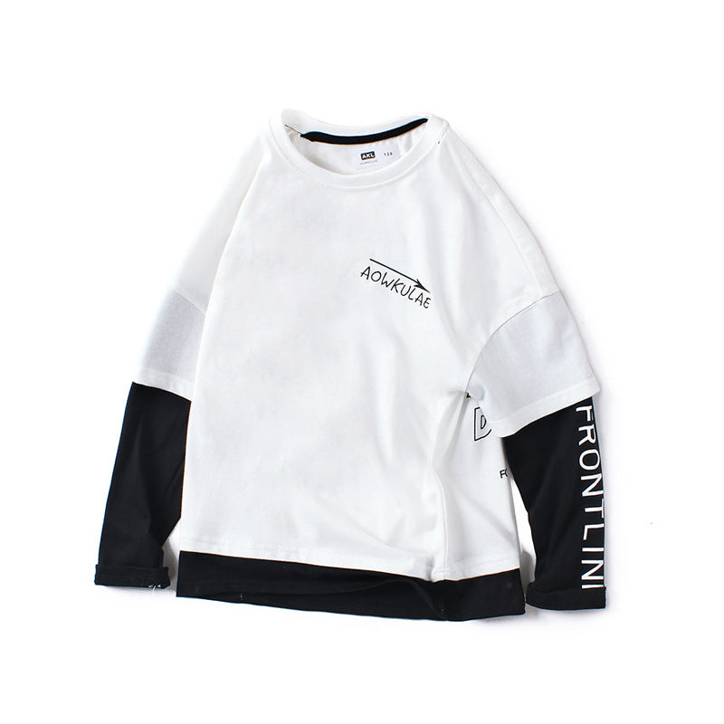 Spring Tops Autumn Long Sleeve Cotton Color-Matching Fake Two Pieces Children's Bottoming Shirt